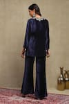 Dohr India_Navy Velvet, Silk Embroidery, Zari, Sequins V-neck Top And Pant Set _Online_at_Aza_Fashions