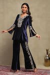 Buy_Dohr India_Navy Velvet, Silk Embroidery, Zari, Sequins V-neck Top And Pant Set 