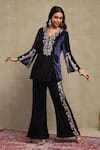 Shop_Dohr India_Navy Velvet, Silk Embroidery, Zari, Sequins V-neck Top And Pant Set 