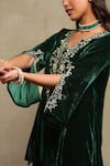 Buy_Dohr India_Emerald Green Velvet, Silk Embroidery, Zari, Sequins V-neck Top And Pant Set _Online_at_Aza_Fashions