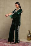 Shop_Dohr India_Emerald Green Velvet, Silk Embroidery, Zari, Sequins V-neck Top And Pant Set _Online_at_Aza_Fashions