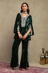 Buy_Dohr India_Emerald Green Velvet, Silk Embroidery, Zari, Sequins V-neck Top And Pant Set _at_Aza_Fashions
