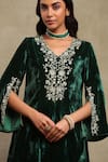 Shop_Dohr India_Emerald Green Velvet, Silk Embroidery, Zari, Sequins V-neck Top And Pant Set 