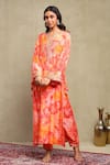 Buy_Dohr India_Red Modal, Viscose Embroidery, Zari, Sequins, Floral Print Kaftan And Pant Set _at_Aza_Fashions