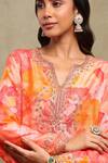 Shop_Dohr India_Red Modal, Viscose Embroidery, Zari, Sequins, Floral Print Kaftan And Pant Set 