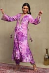 Shop_Dohr India_Purple Modal, Viscose Embroidery, Sequins, Beads, Floral Print Kaftan And Pant Set 