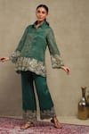 Shop_Dohr India_Emerald Green Tissue, Chanderi Embroidery, Sequins Dori Shirt And Pant Set _Online_at_Aza_Fashions