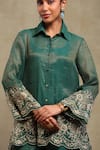 Shop_Dohr India_Emerald Green Tissue, Chanderi Embroidery, Sequins Dori Shirt And Pant Set _Online