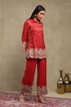 Shop_Dohr India_Red Tissue, Chanderi Embroidery, Zari Collared Dori Shirt And Trouser Set _Online_at_Aza_Fashions