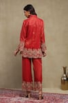 Dohr India_Red Tissue, Chanderi Embroidery, Zari Collared Dori Shirt And Trouser Set _Online_at_Aza_Fashions