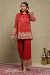 Buy_Dohr India_Red Tissue, Chanderi Embroidery, Zari Collared Dori Shirt And Trouser Set _at_Aza_Fashions