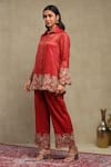 Buy_Dohr India_Red Tissue, Chanderi Embroidery, Zari Collared Dori Shirt And Trouser Set 