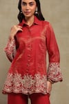 Dohr India_Red Tissue, Chanderi Embroidery, Zari Collared Dori Shirt And Trouser Set _Online