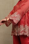 Buy_Dohr India_Red Tissue, Chanderi Embroidery, Zari Collared Dori Shirt And Trouser Set _Online