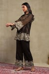 Dohr India_Black Chanderi Embroidery, Sequins Collared Dori Shirt And Trouser Set _at_Aza_Fashions