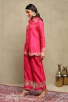 Dohr India Pink Chanderi Silk Zari, Embroidery Collared Banarasi Woven Shirt And Trouser Set at Aza Fashions Dohr India_Pink Chanderi Silk Zari, Embroidery Collared Banarasi Woven Shirt And Trouser Set _at_Aza_Fashions