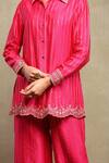 Dohr India Pink Chanderi Silk Zari, Embroidery Collared Banarasi Woven Shirt And Trouser Set Online Dohr India_Pink Chanderi Silk Zari, Embroidery Collared Banarasi Woven Shirt And Trouser Set _Online