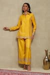 Dohr India_Yellow Chanderi Silk Zari, Embroidery Banarasi Striped Shirt And Trouser Set _Online