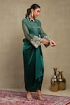 Dohr India_Emerald Green Chanderi, Cotton, Satin Embroidery Collared Dori Shirt Skirt Set _at_Aza_Fashions