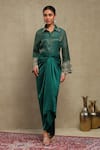 Buy_Dohr India_Emerald Green Chanderi, Cotton, Satin Embroidery Collared Dori Shirt Skirt Set 