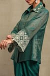 Shop_Dohr India_Emerald Green Chanderi, Cotton, Satin Embroidery Collared Dori Shirt Skirt Set 
