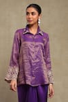 Buy_Dohr India_Purple Chanderi, Satin Embroidery Collared Dori Scallop Shirt Skirt Set _Online_at_Aza_Fashions