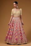 Shop_I Am Design_Pink Silk Embroidery, Mirrors, Sequins Sweetheart Botanical Print Lehenga Set _Online_at_Aza_Fashions