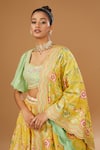 I Am Design_Yellow Silk Embroidery, Mirrors, Sequins Square Neck Flower Print Lehenga Set _Online_at_Aza_Fashions