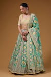 Buy_I Am Design_Green Silk Embroidery, Mirrors, Sequins Square Neck Garden Print Lehenga Set _at_Aza_Fashions