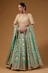 Shop_I Am Design_Green Silk Embroidery, Mirrors, Sequins Square Neck Garden Print Lehenga Set _Online_at_Aza_Fashions