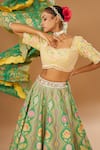 I Am Design_Green Silk Embroidery, Mirrors, Sequins Square Neck Bloom Print Lehenga Set _Online_at_Aza_Fashions