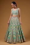 I Am Design_Green Silk Embroidery, Sequins, Mirrors, Zari, Foil Printing Floral Lehenga Set _Online_at_Aza_Fashions