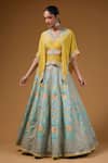 Buy_I Am Design_Mint Silk Embroidery, Sequins, Mirrors V-neck Floral Print Lehenga And Kaftan Set _at_Aza_Fashions