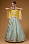 Shop_I Am Design_Mint Silk Embroidery, Sequins, Mirrors V-neck Floral Print Lehenga And Kaftan Set _Online_at_Aza_Fashions
