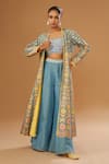 Buy_I Am Design_Blue Silk Embroidery, Mirrors, Sequins, Metallic Floral Print Jacket Palazzo Set _at_Aza_Fashions