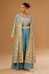 I Am Design_Blue Silk Embroidery, Mirrors, Sequins, Metallic Floral Print Jacket Palazzo Set _at_Aza_Fashions