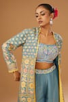 Buy_I Am Design_Blue Silk Embroidery, Mirrors, Sequins, Metallic Floral Print Jacket Palazzo Set 
