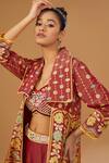 I Am Design_Red Silk Embroidery, Mirrors, Sequins Open Neck, Floral Print Jacket Palazzo Set _Online_at_Aza_Fashions