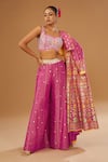 I Am Design_Pink Silk Embroidery, Mirrors, Sequins Open Neck, Flora Print Jacket Palazzo Set _Online_at_Aza_Fashions