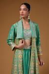 I Am Design Green Silk Embroidery, Mirrors, Sequins Flower Print Anarkali Jacket Skirt Set at Aza Fashions I Am Design_Green Silk Embroidery, Mirrors, Sequins Flower Print Anarkali Jacket Skirt Set _at_Aza_Fashions