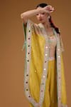 I Am Design_Yellow Silk Embroidery, Mirrors, Sequins Open Neck, Printed Palazzo And Cape Set _at_Aza_Fashions