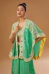 I Am Design Green Silk Embroidery, Sequins, Mirrors Open Printed Palazzo And Short Cape Set at Aza Fashions I Am Design_Green Silk Embroidery, Sequins, Mirrors Open Printed Palazzo And Short Cape Set _at_Aza_Fashions