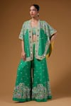 Buy_I Am Design_Green Silk Embroidery, Sequins Open , Square Floral Palazzo And Cape Set _at_Aza_Fashions