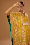 Shop_I Am Design_Yellow Silk Embroidery, Sequins, Mirrors V-neck Floral Print Kaftan Pant Set _Online_at_Aza_Fashions