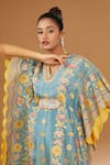 Buy_I Am Design_Blue Silk Embroidery, Mirrors, Sequins V-neck Garden Print Kaftan Pant Set _Online_at_Aza_Fashions
