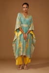 Buy_I Am Design_Green Silk Embroidery, Mirrors, Sequins V-neck Botanical Print Kaftan Pant Set _at_Aza_Fashions
