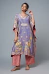 Buy_I Am Design_Purple Silk Embroidery, Sequins, Mirrors V-neck Bloom Print Kaftan Pant Set _at_Aza_Fashions