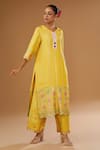 I Am Design_Yellow Silk Embroidery, Mirrors, Sequins, Foil Printing Flora Kurta Pant Set _Online_at_Aza_Fashions