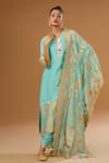 Buy_I Am Design_Blue Silk Embroidery, Mirrors V-neck Flower Print Kurta Pant Set _at_Aza_Fashions