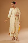 Buy_I Am Design_Ivory Silk Embroidery V-neck Bloom Print Kurta Pant Set _at_Aza_Fashions